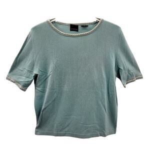 Magaschoni‎ Vintage Cable Knit Silk Short Sleeve Contrasting Trim Sweater Top